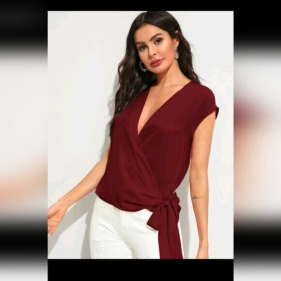 SHEIN Sleeveless Cabernet Red Wine Side Tie Wrap Blouse Shirt Size X-LARGE - Picture 4 of 5